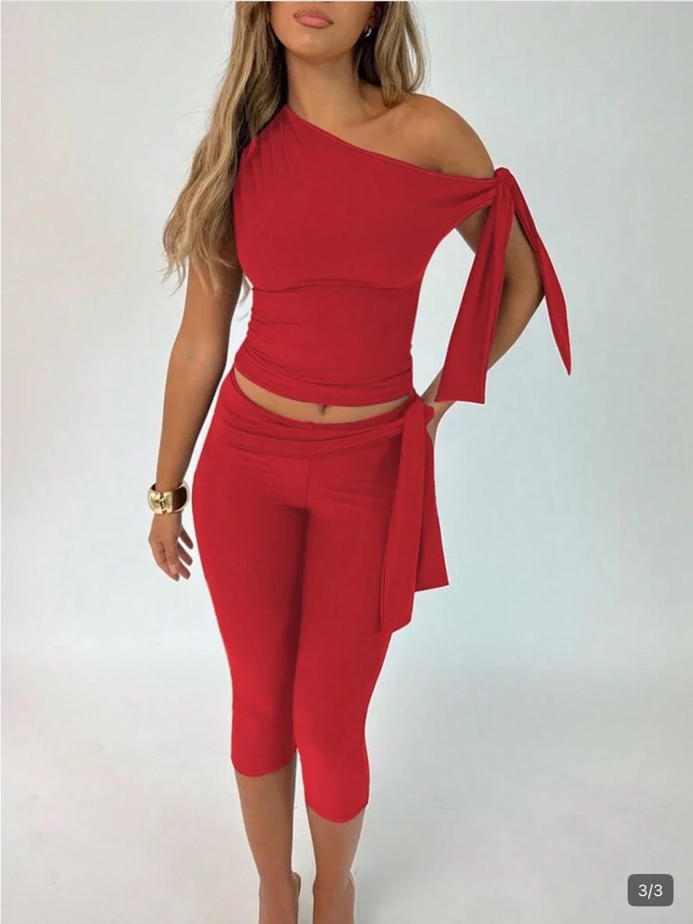 Red One-Shoulder Tie Waist Capri 2pc set